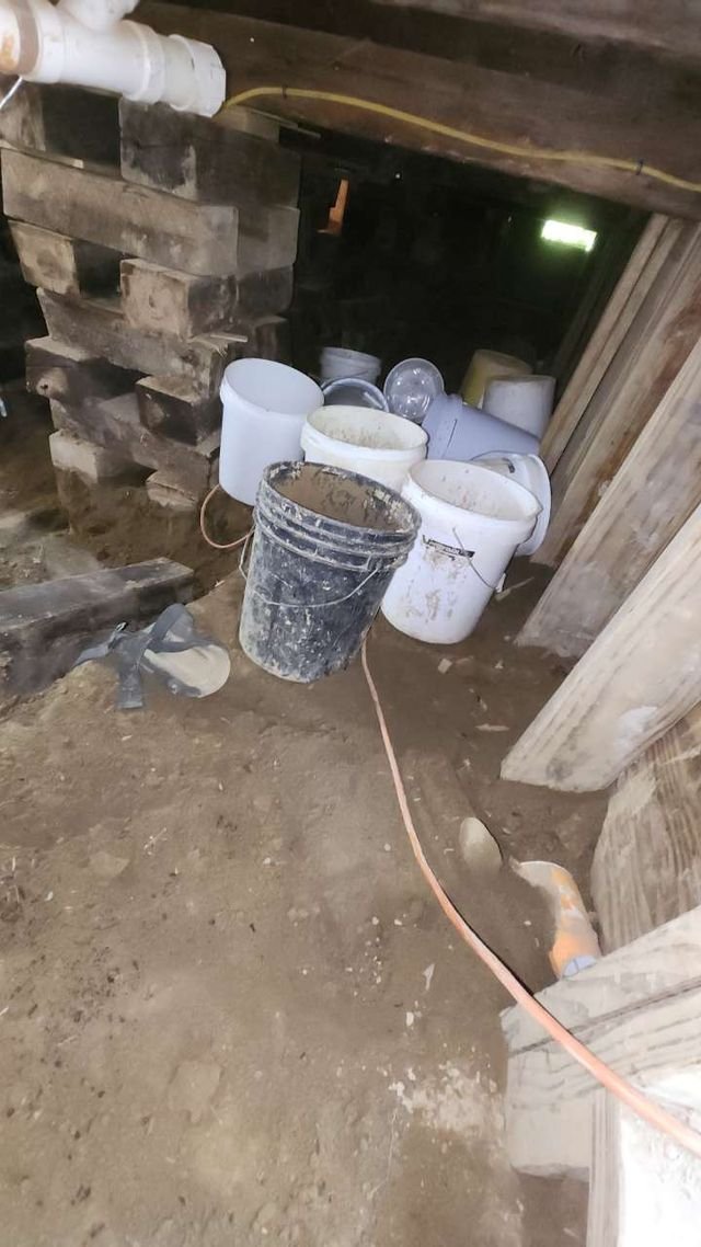 Five-gallon buckets full of dirt lined up under the house